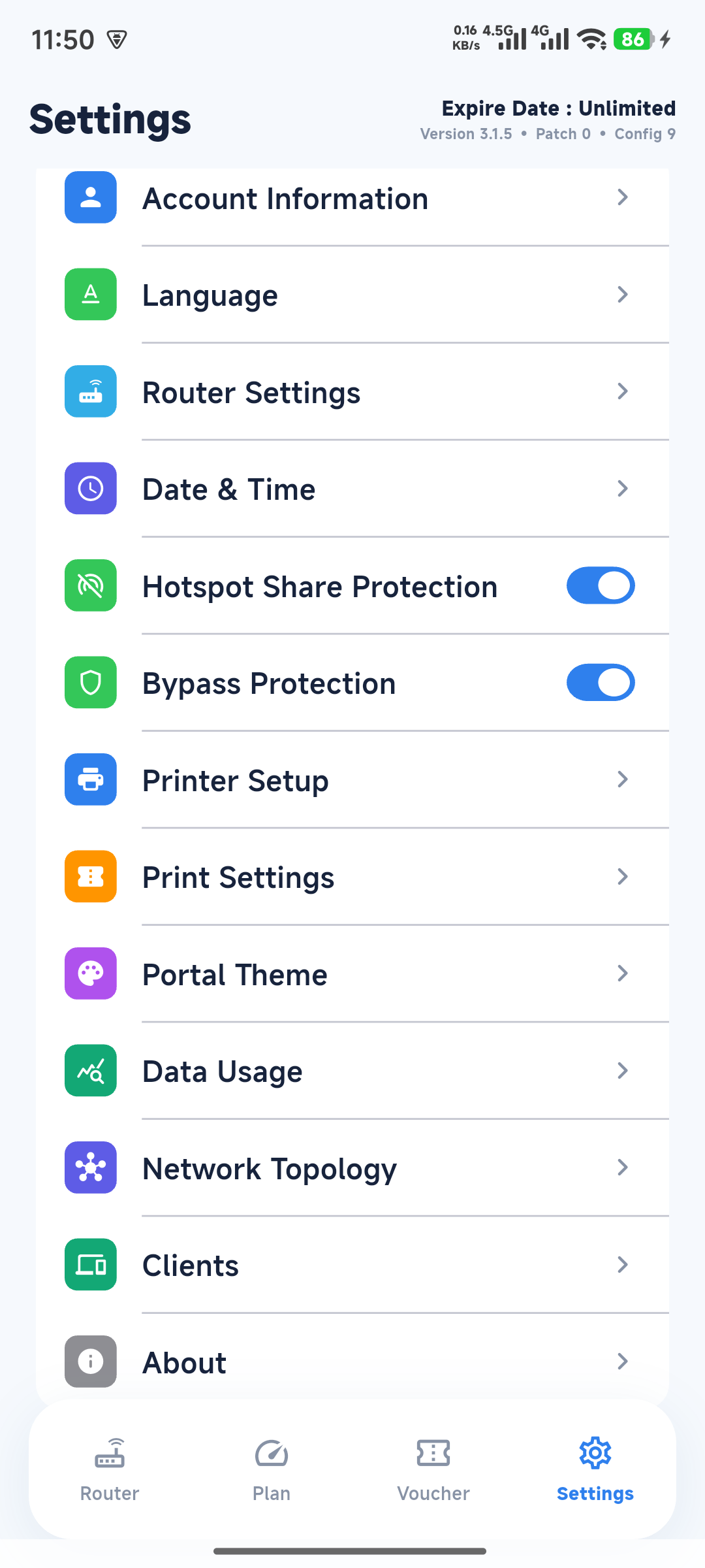 Settings screen